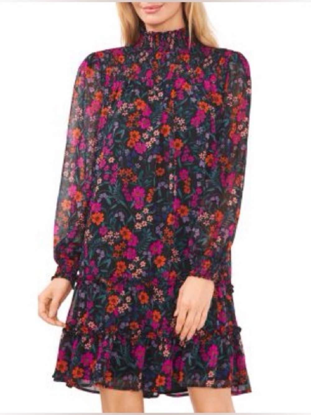 CeCe Black Long-Sleeve Floral Ruffle Dress with Pink and Orange Flowers